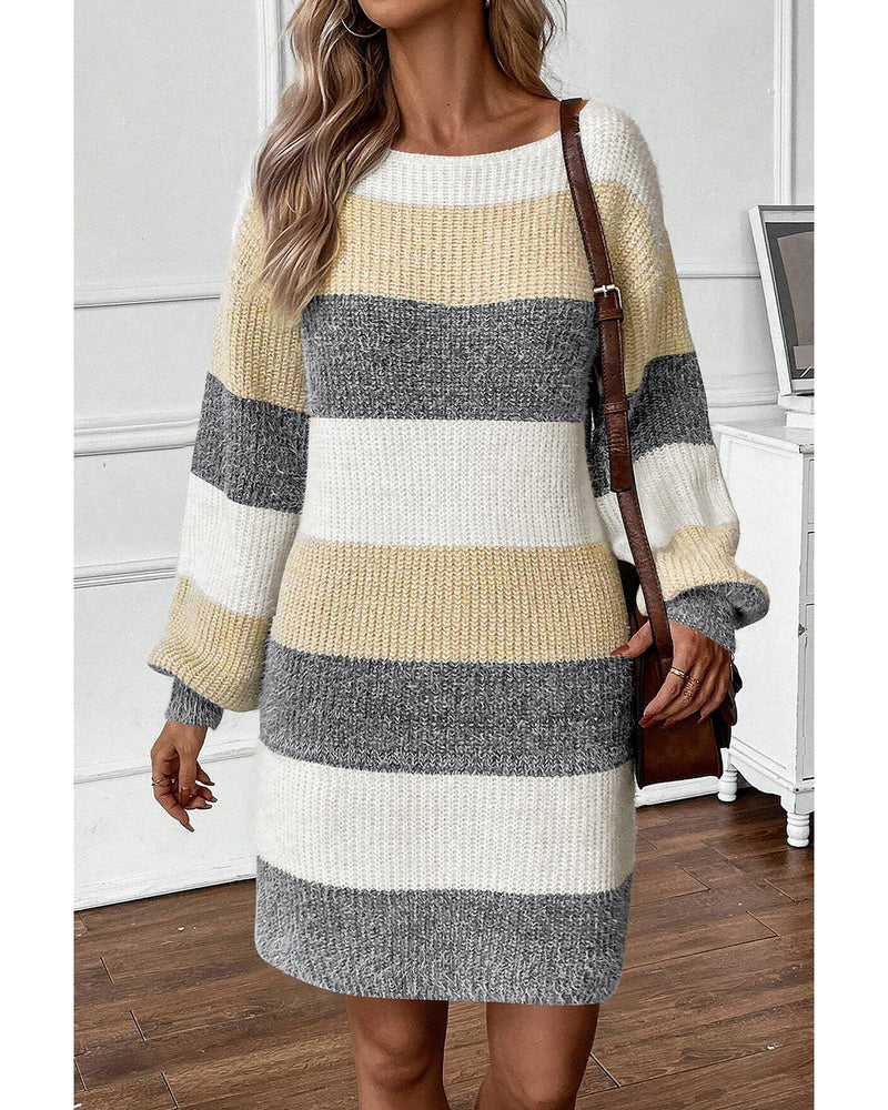 Gray Stripe Colorblock Bubble Sleeve Drop Shoulder Sweater Dress - L
