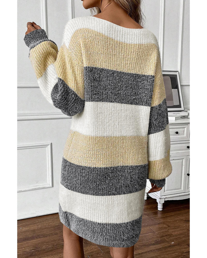 Gray Stripe Colorblock Bubble Sleeve Drop Shoulder Sweater Dress - L