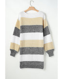 Gray Stripe Colorblock Bubble Sleeve Drop Shoulder Sweater Dress - L