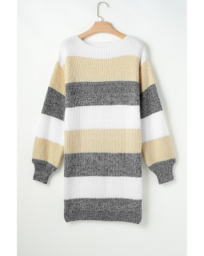 Gray Stripe Colorblock Bubble Sleeve Drop Shoulder Sweater Dress - L
