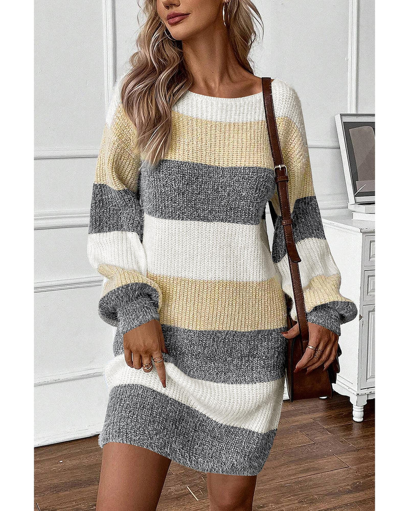 Gray Stripe Colorblock Bubble Sleeve Drop Shoulder Sweater Dress - L