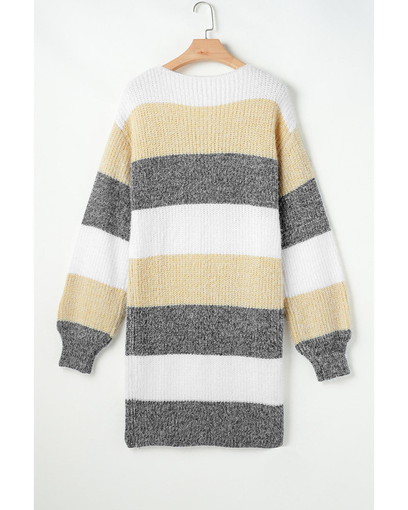 Gray Stripe Colorblock Bubble Sleeve Drop Shoulder Sweater Dress - L