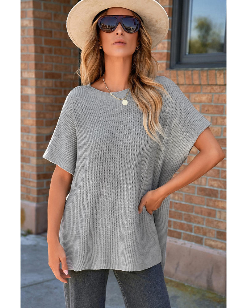 Gray Short Sleeve Side Slit Oversized Sweater - M