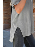 Gray Short Sleeve Side Slit Oversized Sweater - M