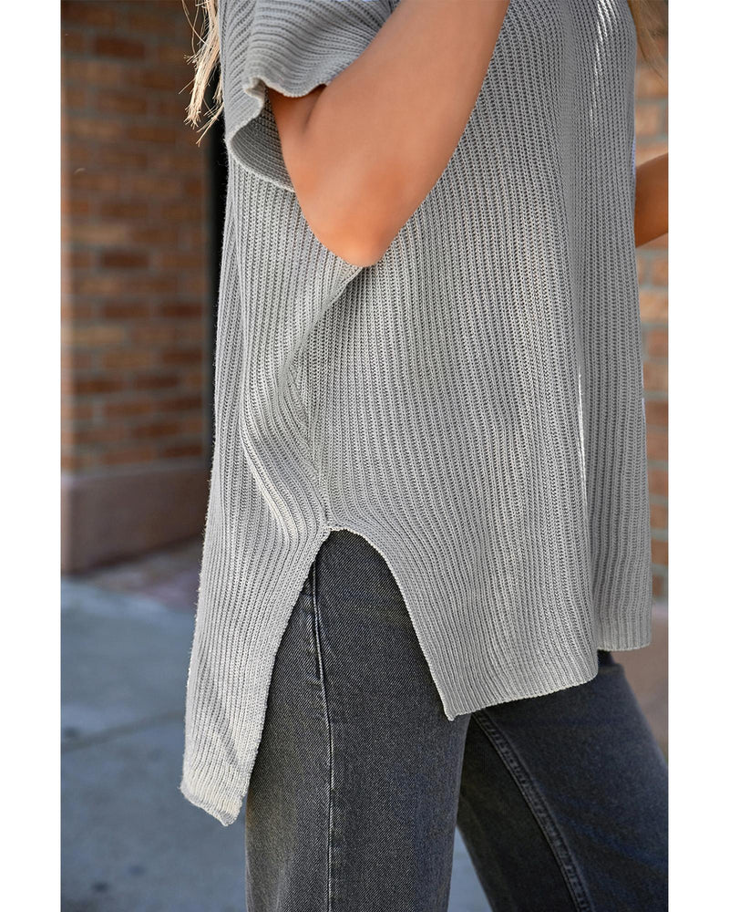 Gray Short Sleeve Side Slit Oversized Sweater - M
