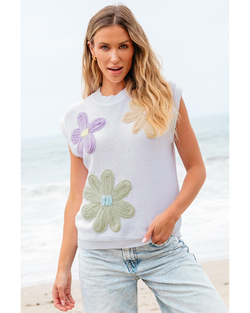 White Multi Crochet Flower Knit Short Sleeve Sweater Tops - XL