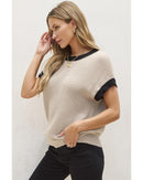 Light French Beige Contrast Trim Round Neck Batwing Sleeve Sweater Top - M