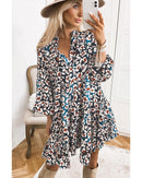 Blue Leopard Print Bubble Sleeve Ruffled Shirt Dress - L