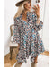 Blue Leopard Print Bubble Sleeve Ruffled Shirt Dress - L