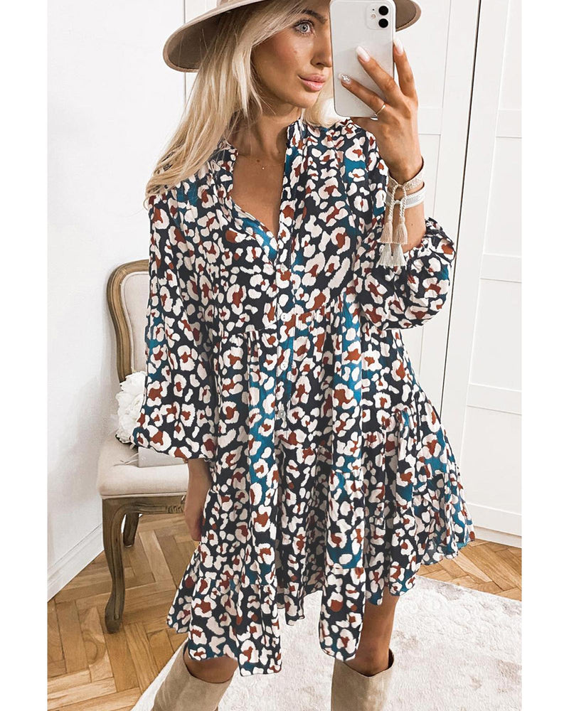 Blue Leopard Print Bubble Sleeve Ruffled Shirt Dress - L