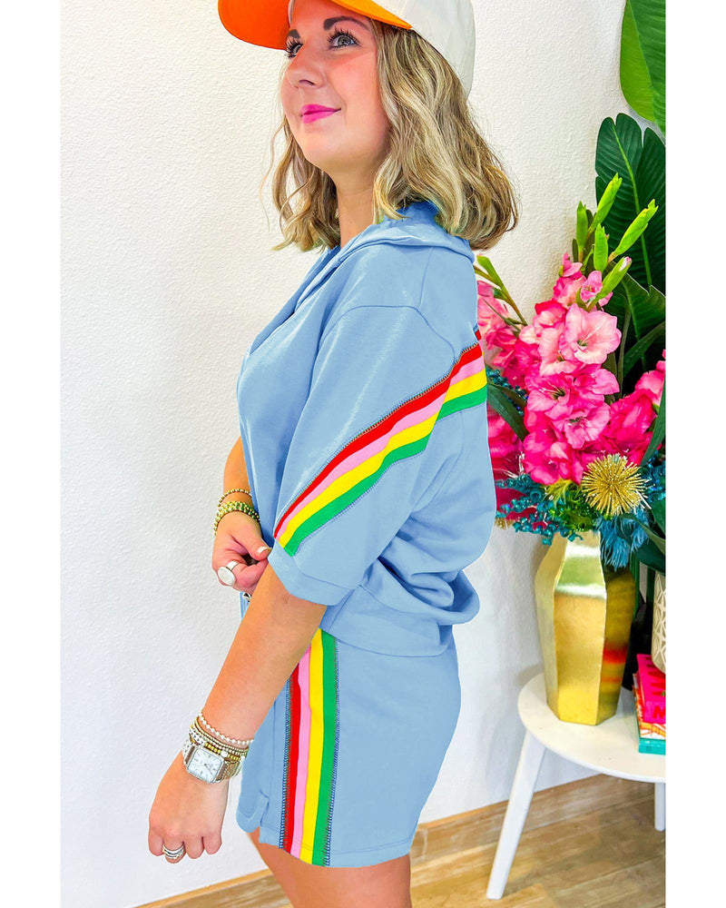 Sky Blue Rainbow Colorblock Collared Short Sleeve Top 2 Piece Shorts Set - S