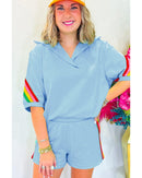 Sky Blue Rainbow Colorblock Collared Short Sleeve Top 2 Piece Shorts Set - S