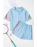 Sky Blue Rainbow Colorblock Collared Short Sleeve Top 2 Piece Shorts Set - S