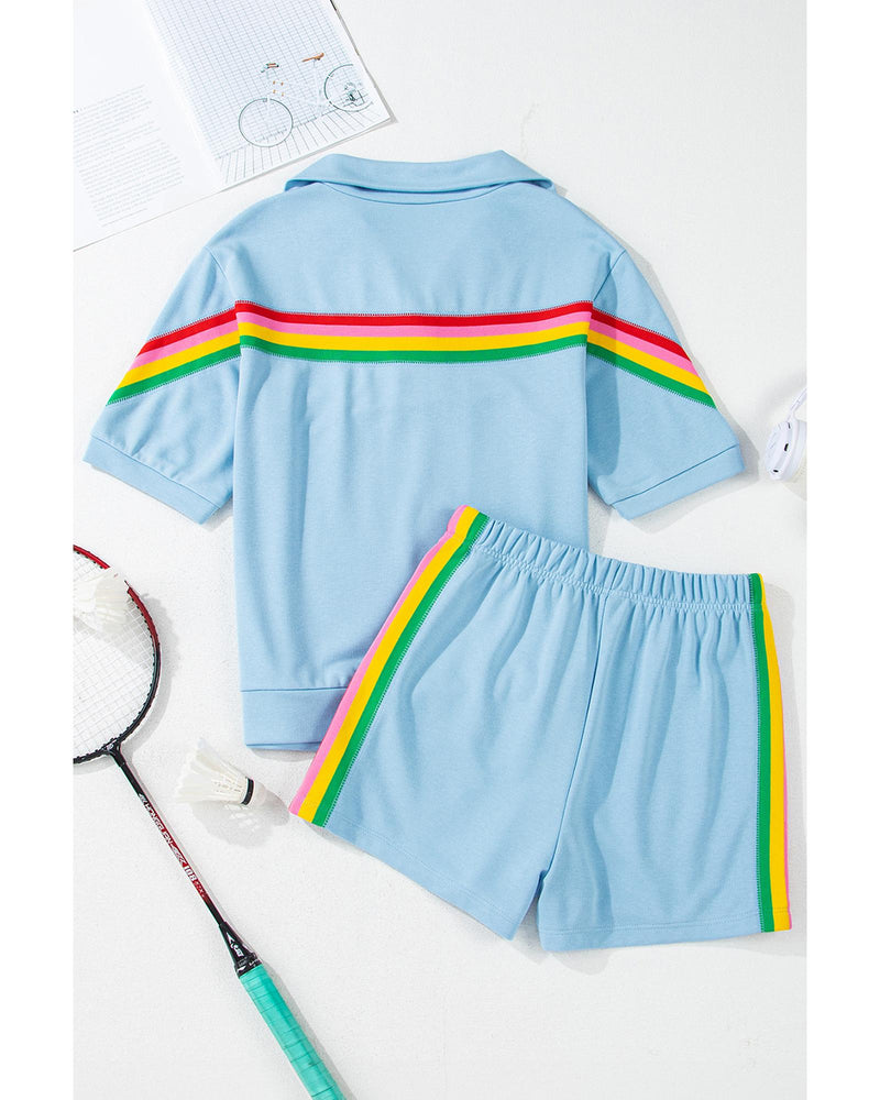 Sky Blue Rainbow Colorblock Collared Short Sleeve Top 2 Piece Shorts Set - S