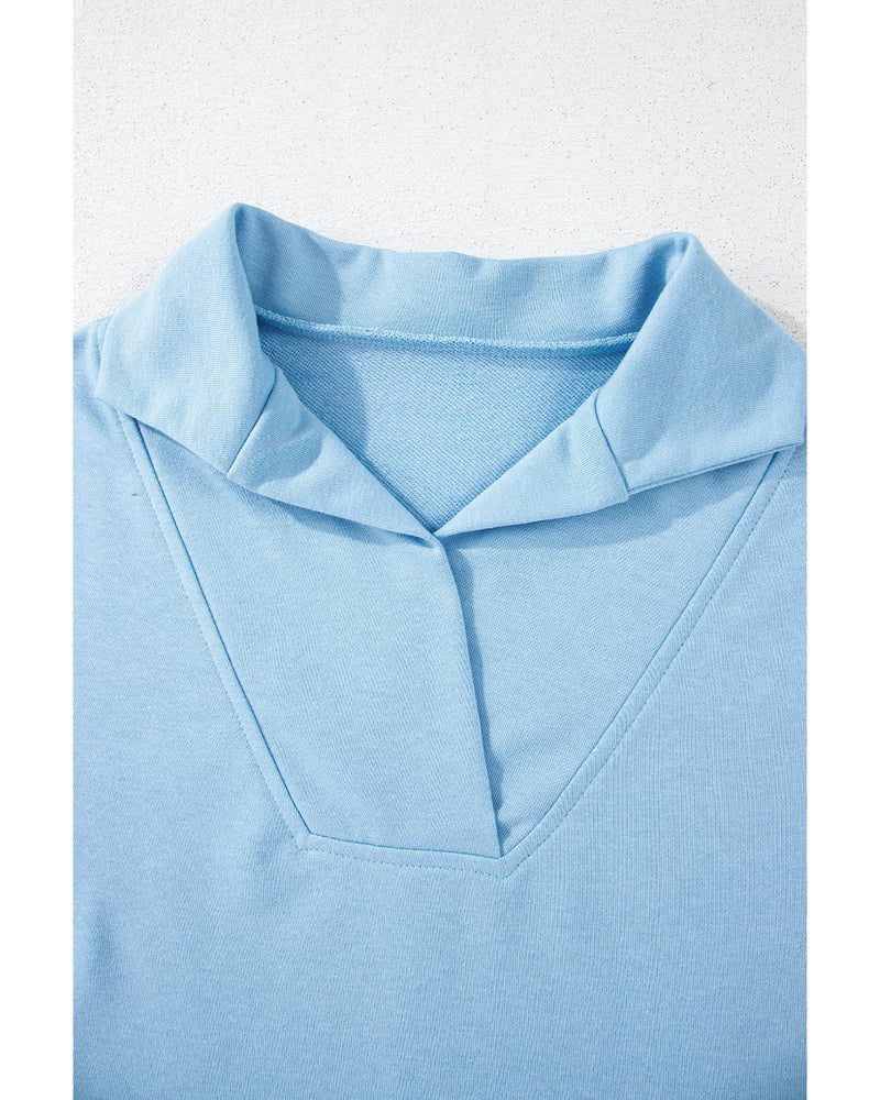 Sky Blue Rainbow Colorblock Collared Short Sleeve Top 2 Piece Shorts Set - S