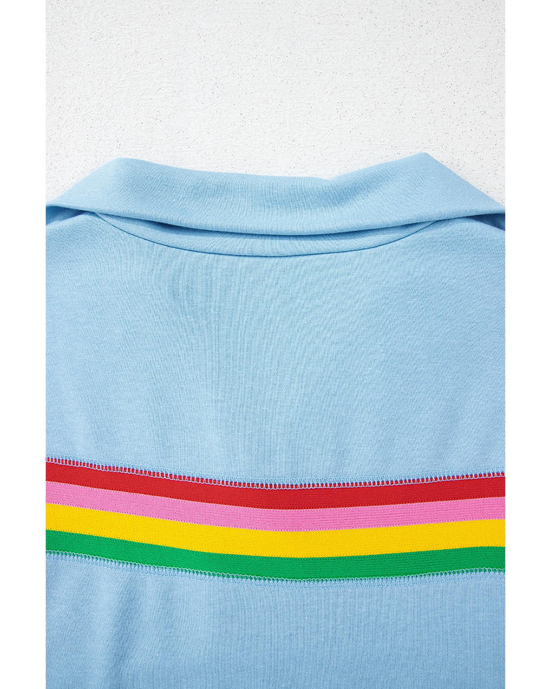 Sky Blue Rainbow Colorblock Collared Short Sleeve Top 2 Piece Shorts Set - S