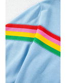 Sky Blue Rainbow Colorblock Collared Short Sleeve Top 2 Piece Shorts Set - S
