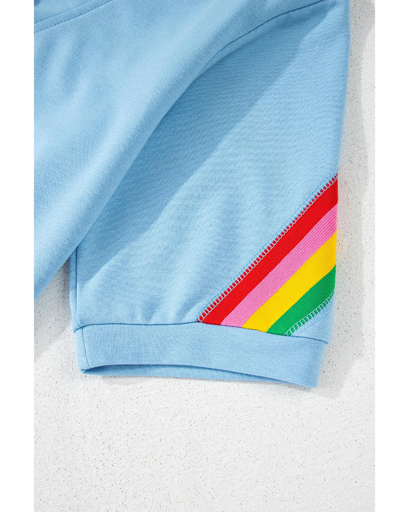 Sky Blue Rainbow Colorblock Collared Short Sleeve Top 2 Piece Shorts Set - S