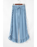 Myosotis Light Wash Raw Hem Ruffled Wide Leg Jeans - 12 US
