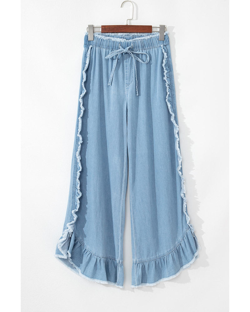 Myosotis Light Wash Raw Hem Ruffled Wide Leg Jeans - 12 US