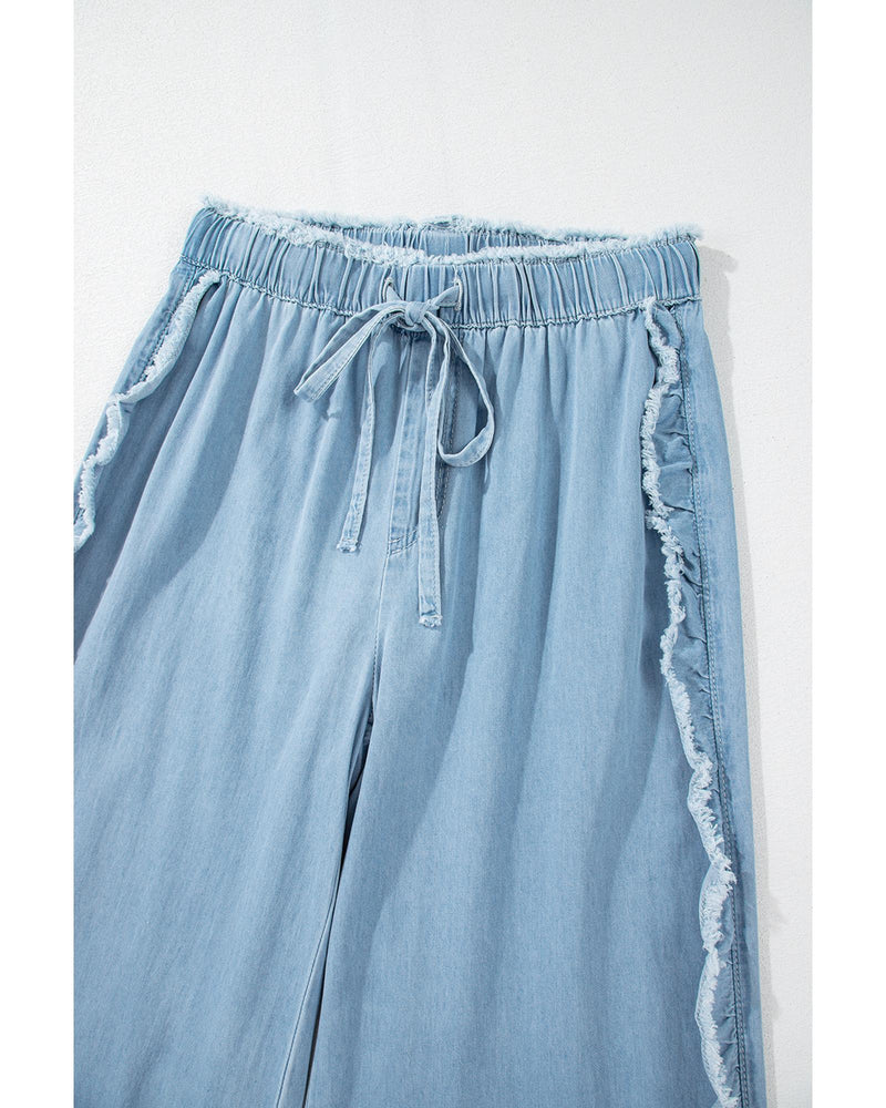 Myosotis Light Wash Raw Hem Ruffled Wide Leg Jeans - 12 US