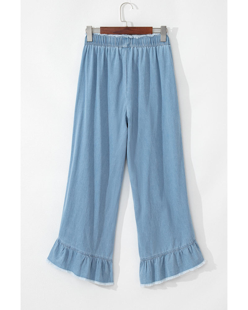 Myosotis Light Wash Raw Hem Ruffled Wide Leg Jeans - 12 US