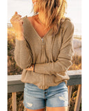 Khaki Zipper V-neck Dropped Sleeve Hooded Solid Sweater - XL