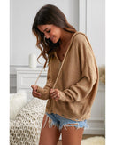 Khaki Zipper V-neck Dropped Sleeve Hooded Solid Sweater - XL