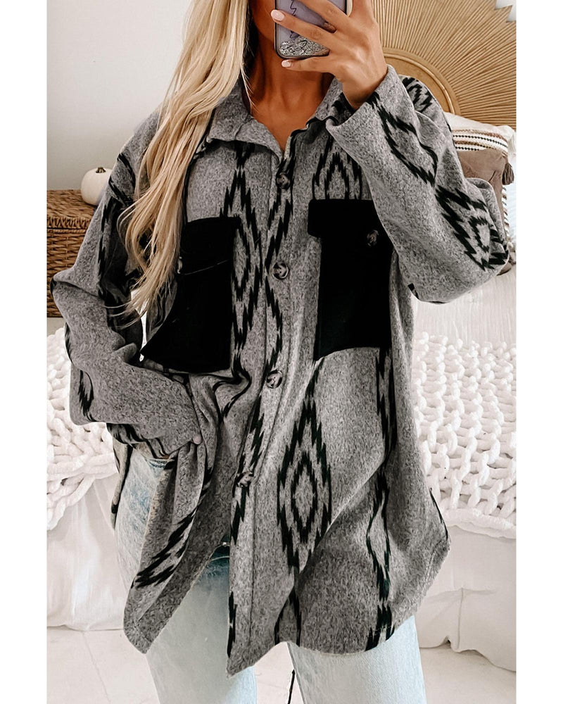 Gray Aztec Contrast Chest Pockets Loose Shacket - L