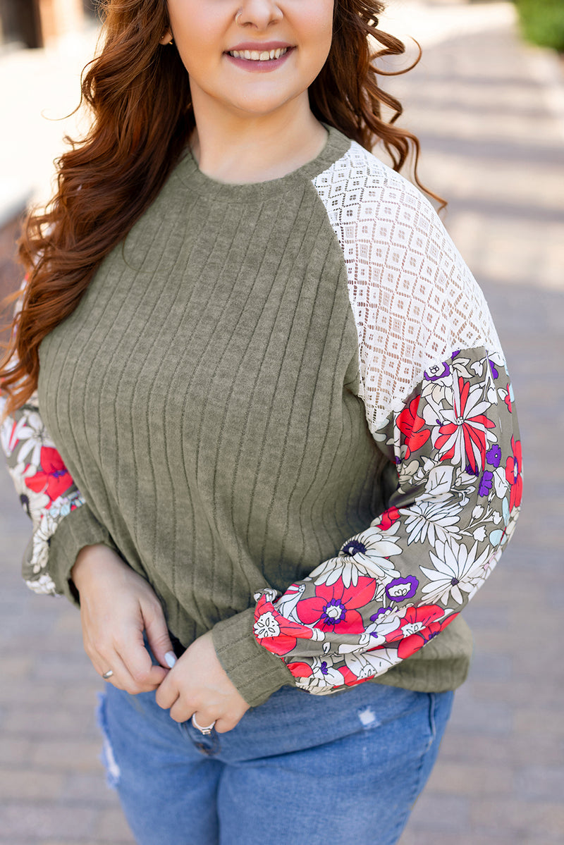 Vineyard Green Plus Size Textured Floral Patchwork Raglan Sleeve Blouse - 1X