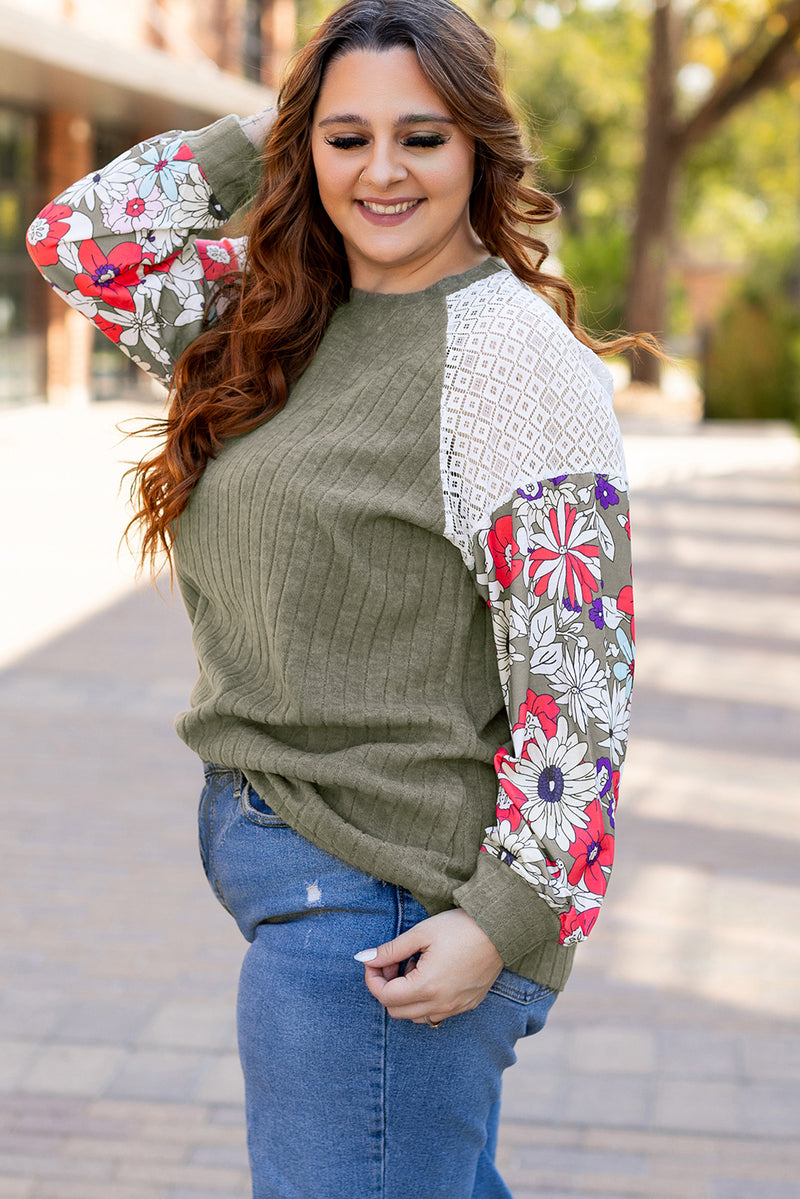 Vineyard Green Plus Size Textured Floral Patchwork Raglan Sleeve Blouse - 1X