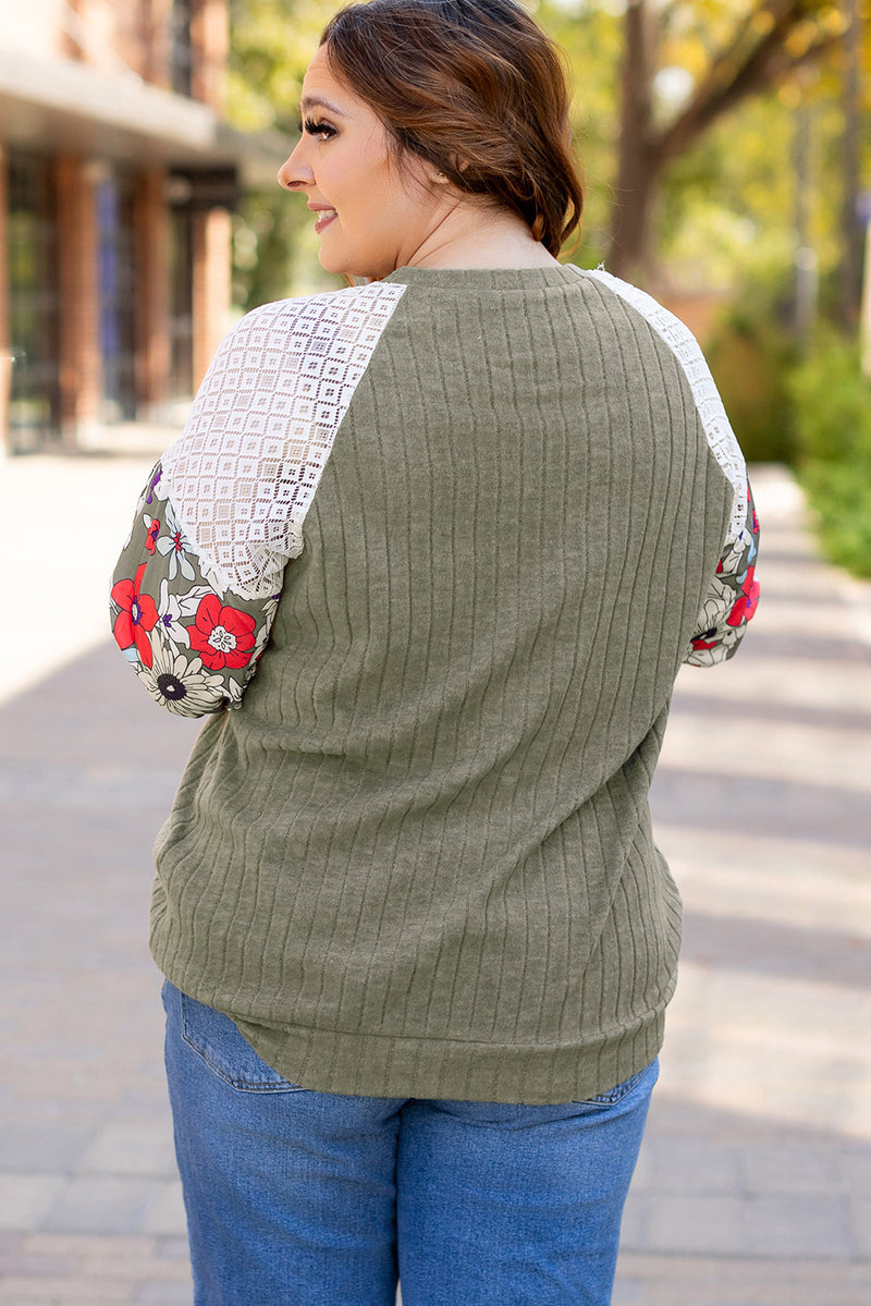 Vineyard Green Plus Size Textured Floral Patchwork Raglan Sleeve Blouse - 1X