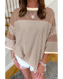 Khaki Stripe Patchwork Bracelet Sleeve Plus Size T Shirt - 1X