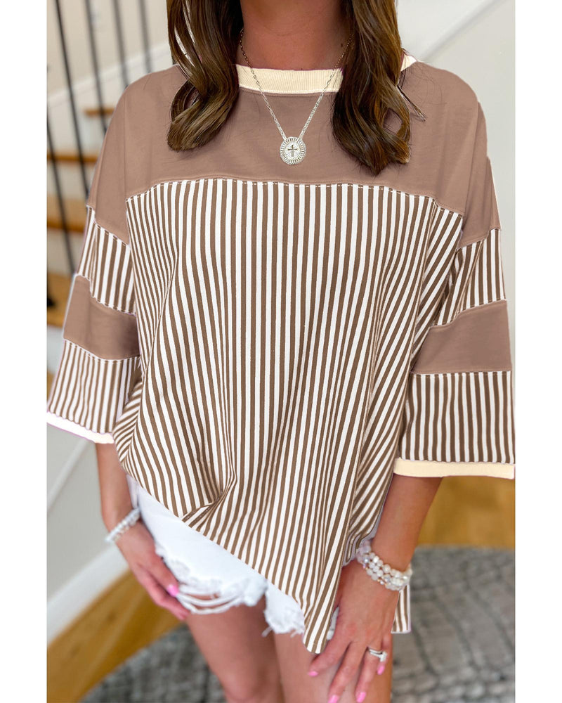 Khaki Stripe Patchwork Bracelet Sleeve Plus Size T Shirt - 1X