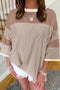 Khaki Stripe Patchwork Bracelet Sleeve Plus Size T Shirt - 1X