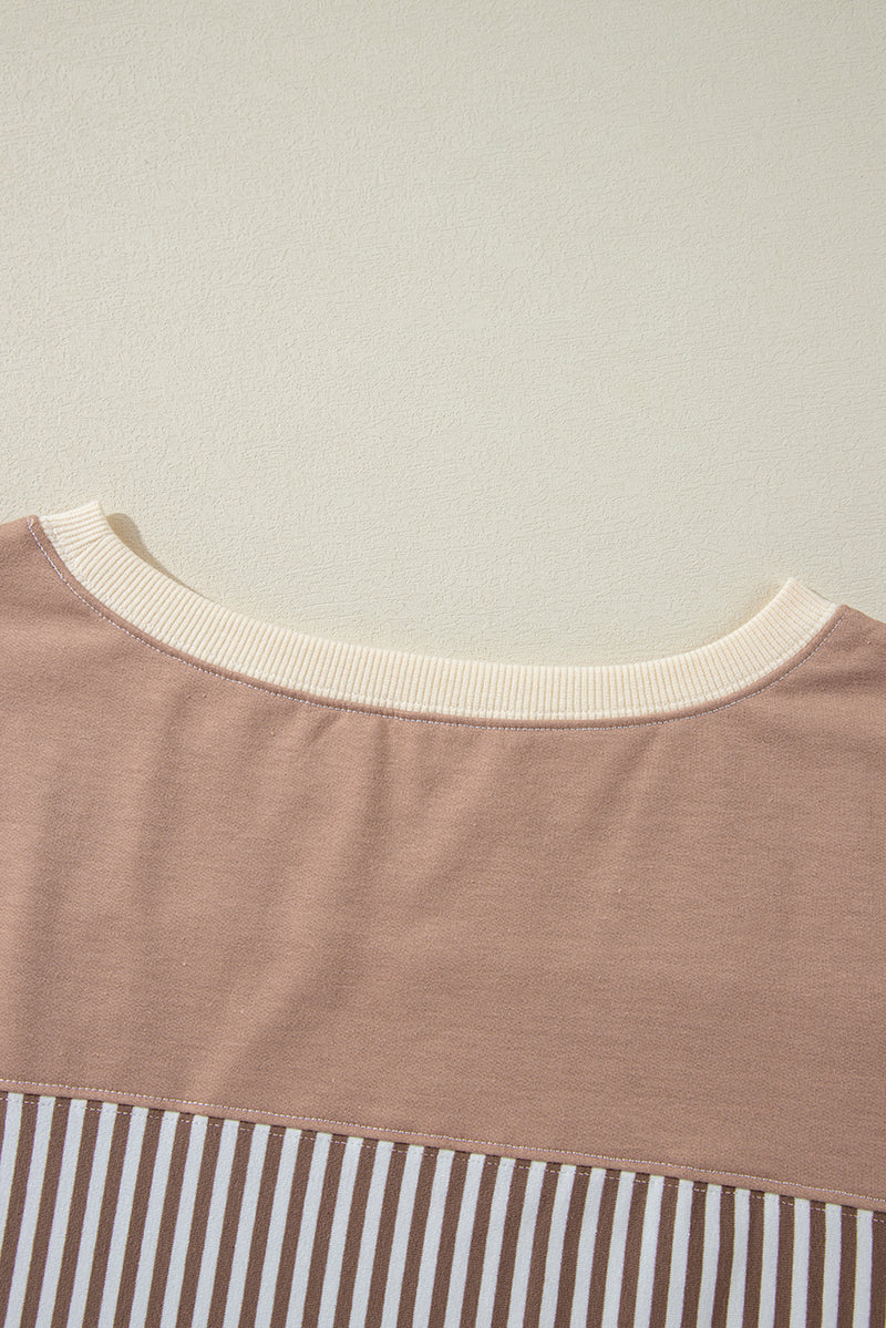Khaki Stripe Patchwork Bracelet Sleeve Plus Size T Shirt - 1X