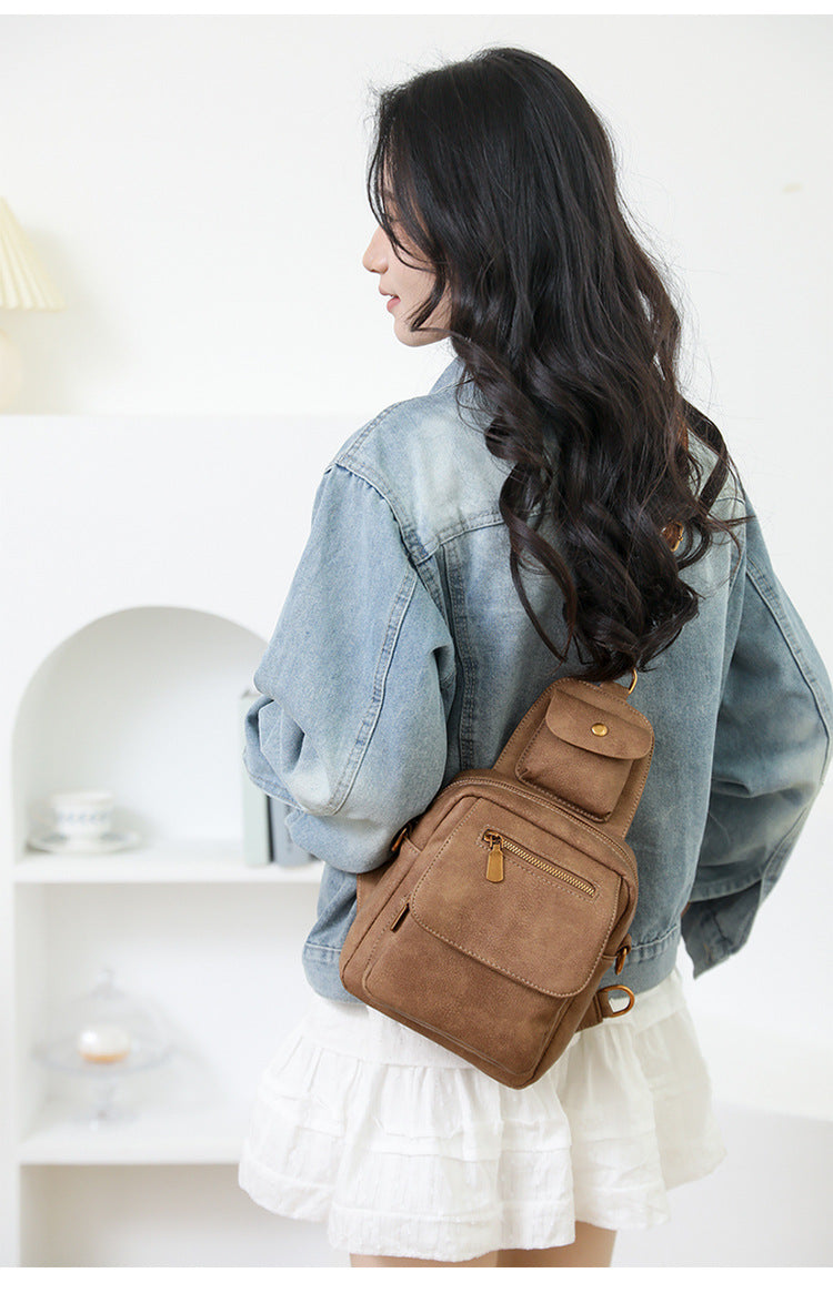 Khaki Stylish PU Leather Sling Crossbody Bag for Women - Multi-Pocket Chest Pack with Adjustable Wide Strap