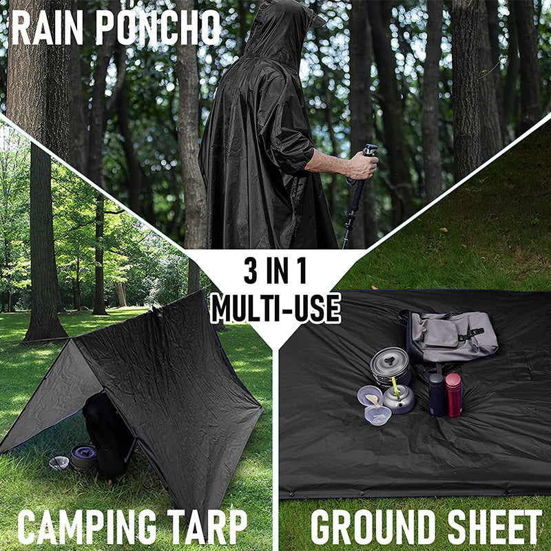 Blue 3-in-1 Waterproof Rain Poncho - Lightweight Hooded Raincoat, Ground Tarp & Emergency Shelter for Hiking, Camping, and Outdoor Survival