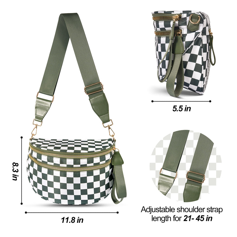 Light Grey Checkered Trendy Sling Bag - Women's Crescent Crossbody Purse with Wide Adjustable Strap