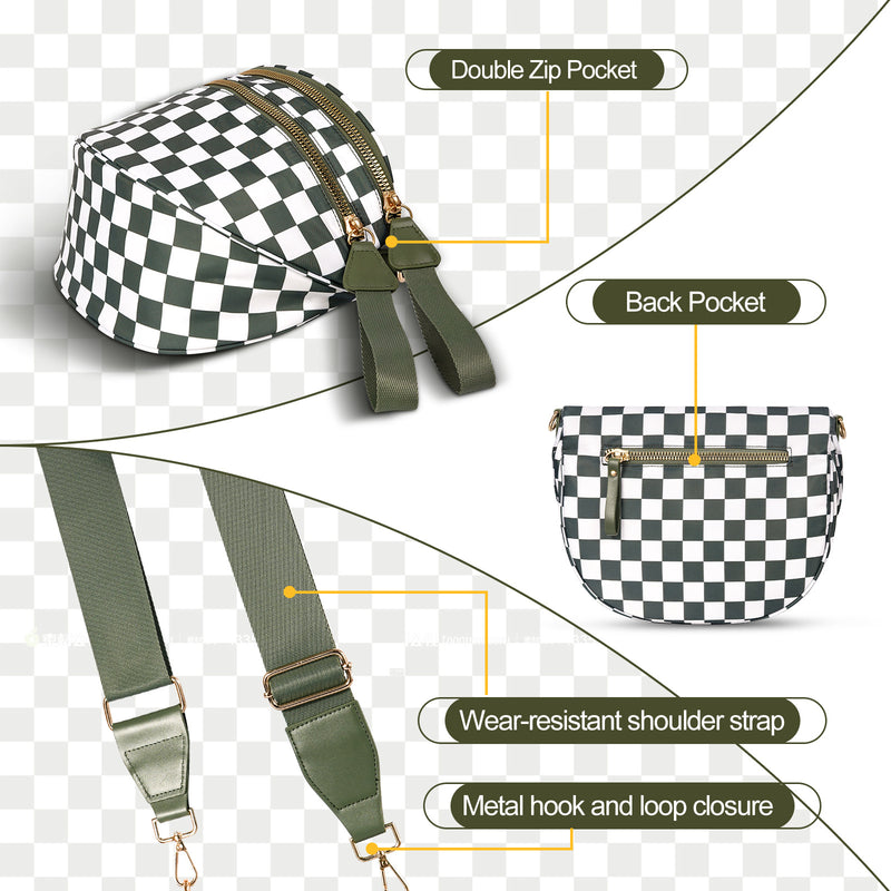 Light Grey Checkered Trendy Sling Bag - Women's Crescent Crossbody Purse with Wide Adjustable Strap