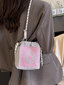Chic Drawstring Bucket Bag with Intricate Print - Adjustable Rope Strap, Lightweight Fabric(Khaki)