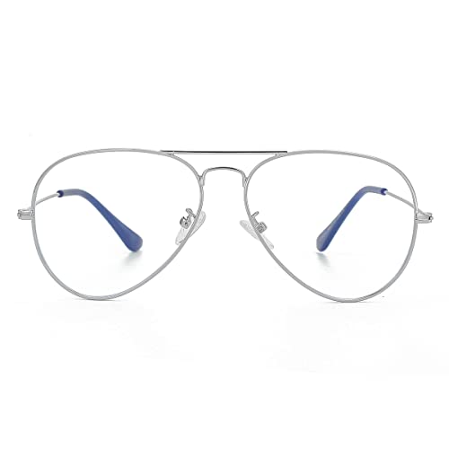 Classic Clear Aviator Glasses for Men Women, Metal Frame Blue Light Blocking Lens Eyeglasses, 04silver, lenswidth