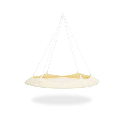 Hangout Pod Free-Hanging Transportable Circular Family Hammock Bed/Hanging Chair/Porch Swing for Garden, Deck, Lawn, Patio and Camping. Cream & White