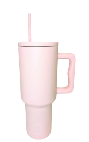 Vacuum Insulated Tumbler with Handle and Straw Lid | 1180ml/40oz Capacity | Stainless Steel Double Wall Insulation | Reusable Travel Mug in Multiple Colours | Bottle & Bowl Co. (Pink)