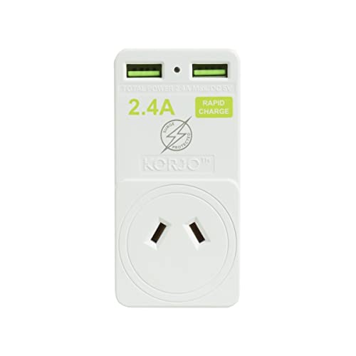 Korjo JP USB Power Adaptor, 2X USB Sockets, 1x AUS/NZ Socket, for Japan, White