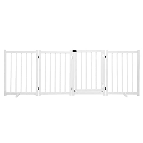 AUSWAY Wooden Pet Safety Gate Free Standing Walk Over Dog Gate,Retractable Puppy Playpen,Enclosure Security Fence for Dog Stair Doorway Barrier with Door Indoor,236CM Extra Width 80CM Tall,White