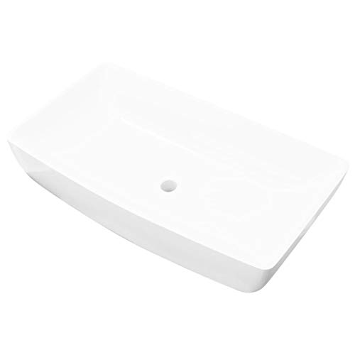 "vidaXL Luxury Rectangular Bathroom Ceramic Basin Sink in Glossy White - Modern Design - Artistic and Easy Cleaning - 71 x 39 cm"