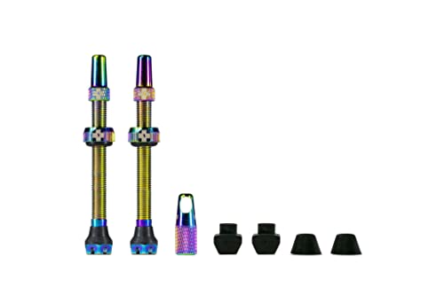 Muc-Off 20439 Tubeless Valves, Iridescent 60mm - Dust Caps for Bikes with Valve Core Removal Tool - Presta Valve Caps for Tubeless MTB/Road/Gravel Bikes