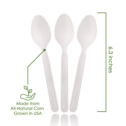 100% Compostable Disposable Spoons Biodegradable Cutlery Set - 140 Large Utensils (6.5 in.) EcoFriendly Durable and Heat Resistant with Convenient Tray by Ecovita