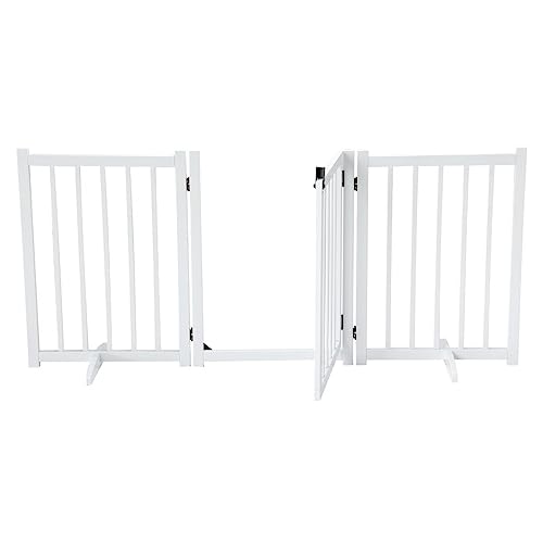 AUSWAY Freestanding Dog Gates with Walk Over Door,Pet Dog Gate Wooden,Foldable Dog Fence Pet Gate Puppy Safety Guard,Indoor Pet Playpen Cat Barrier Protection Net Stair Partition,White with 3 Panels